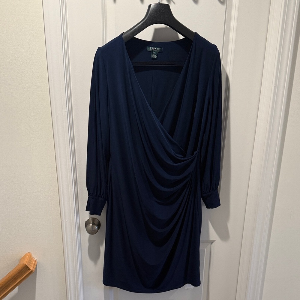 Lauren Ralph Lauren Navy Wrap-Style Long Sleeve Drape Dress